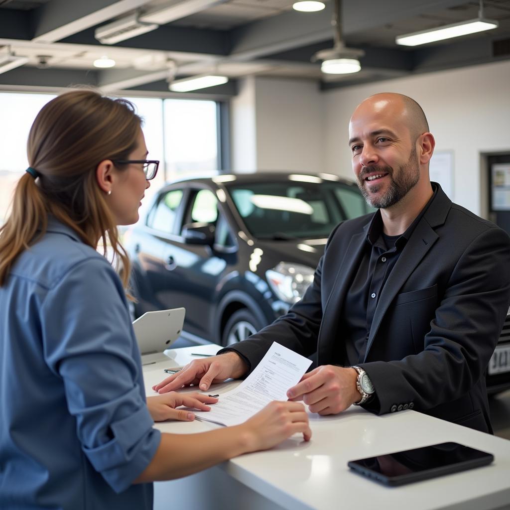 Customer at the Arnold Clark service desk inquiring about a courtesy car