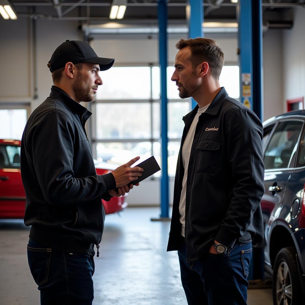 A customer asking questions to a mechanic at a Boldmere car service garage.