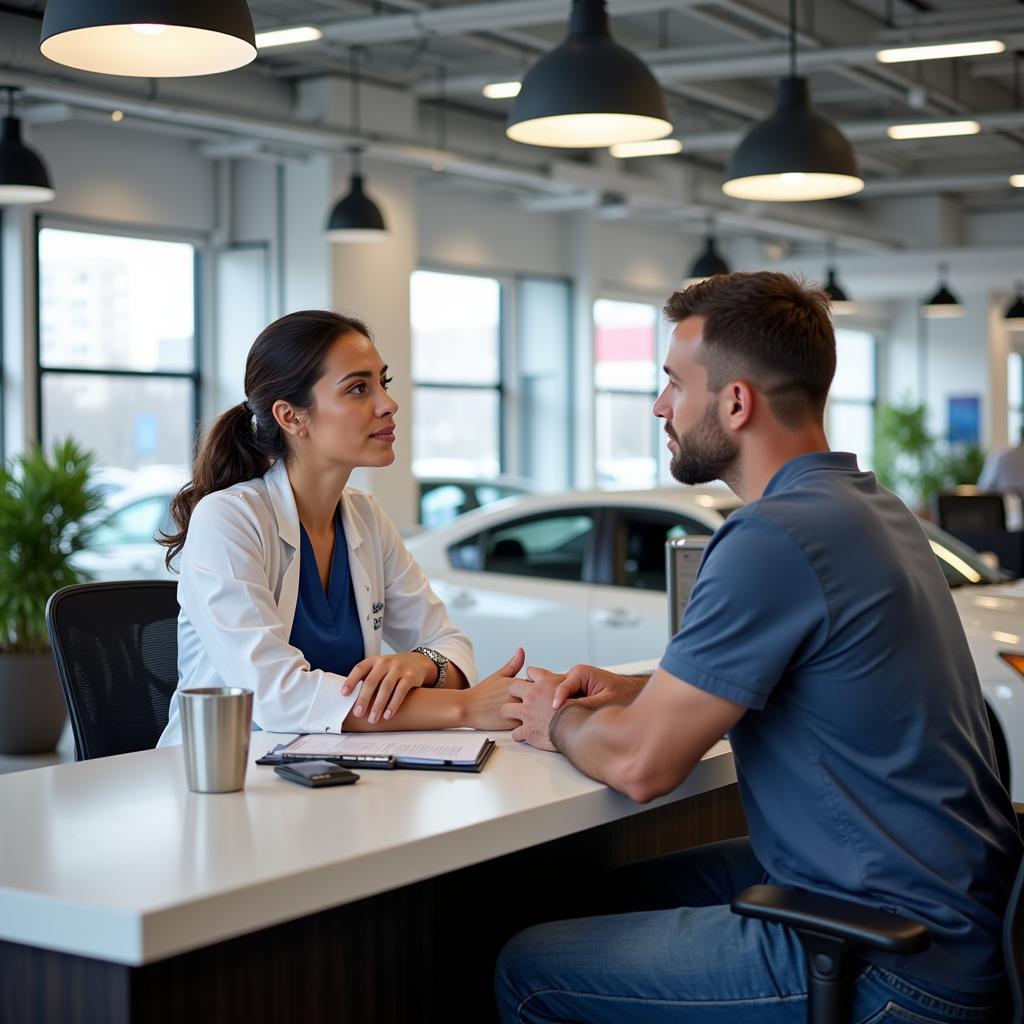 Customer asking questions to a car service advisor