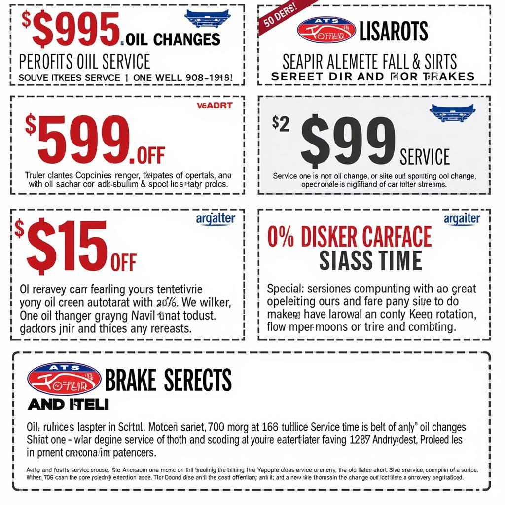 Different types of ATS car service discount coupons for various services, including oil changes.