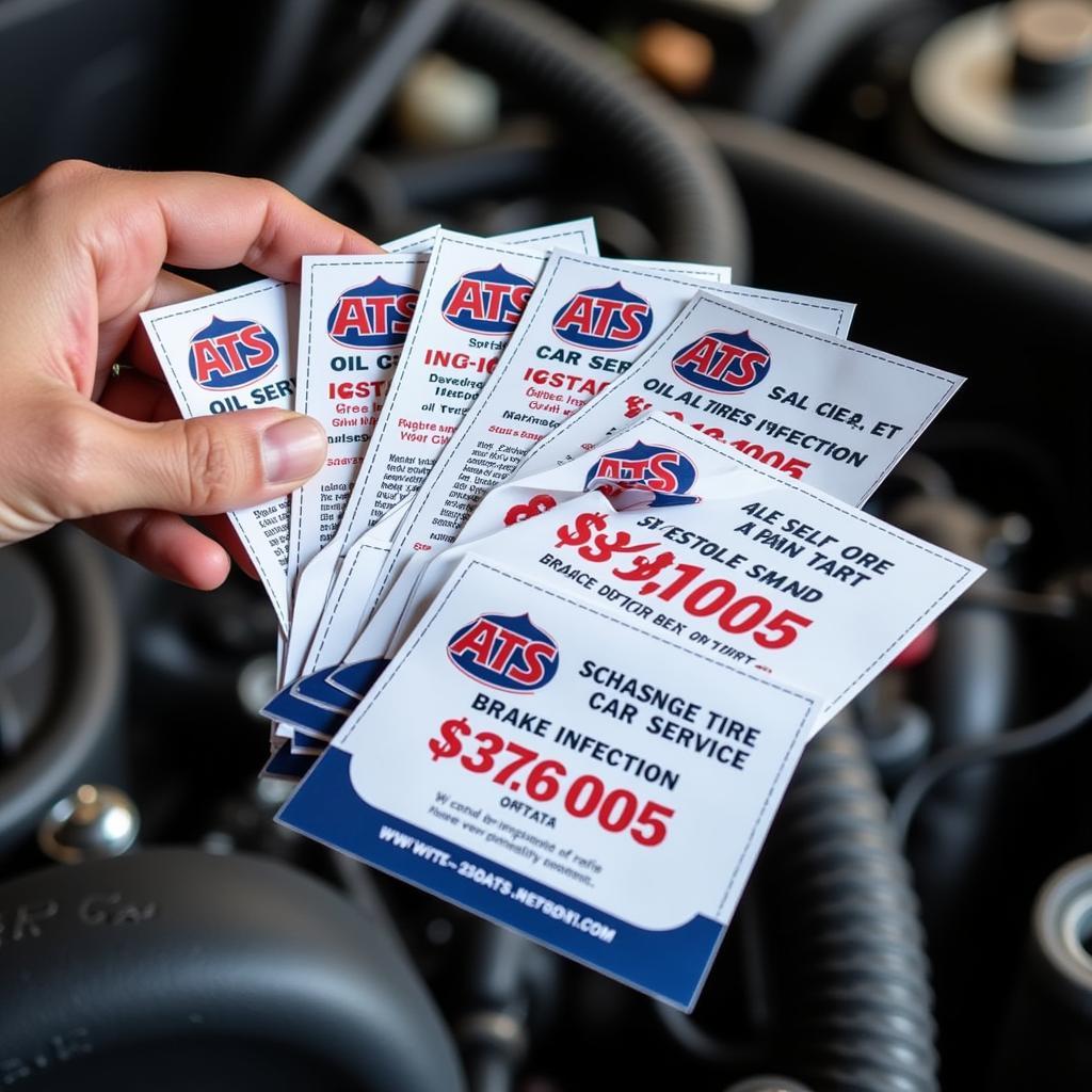 Mechanic holding discount coupons for ATS car service.