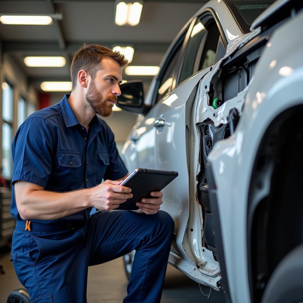 Mechanic Assessing Car Damage in Repair Shop