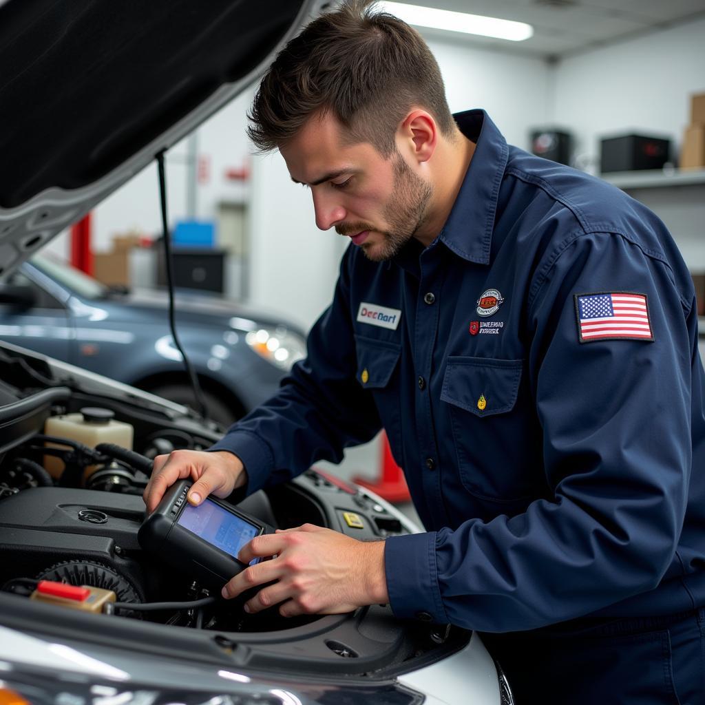 Experienced Auto One Car Service Technician Performing a Vehicle Inspection