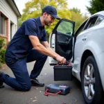 Auto parts store employee delivering and installing a car battery