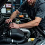 Auto service technician working on a car engine