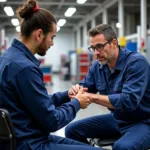 Automotive worker receiving medical attention