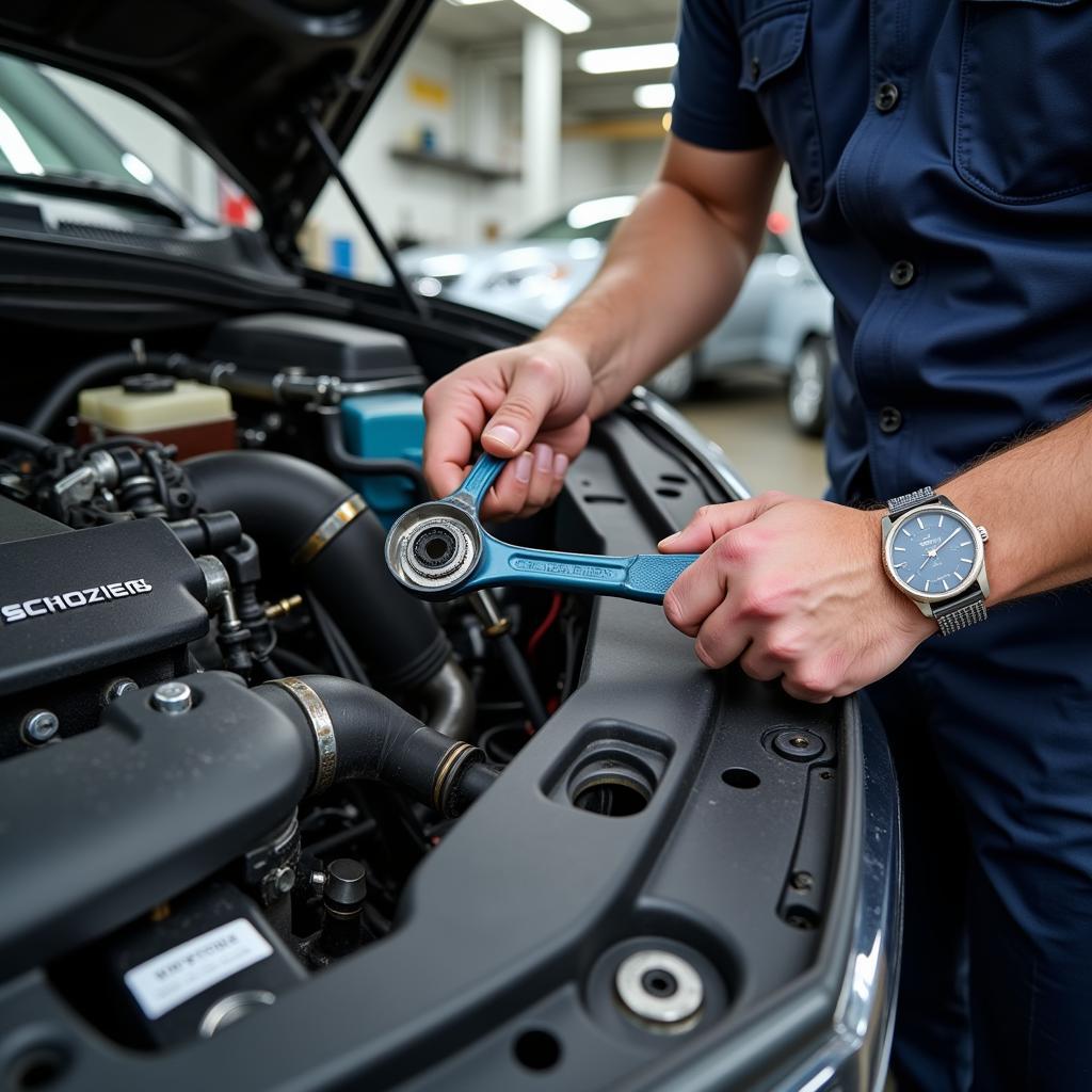 Automotive worker using ergonomic tools