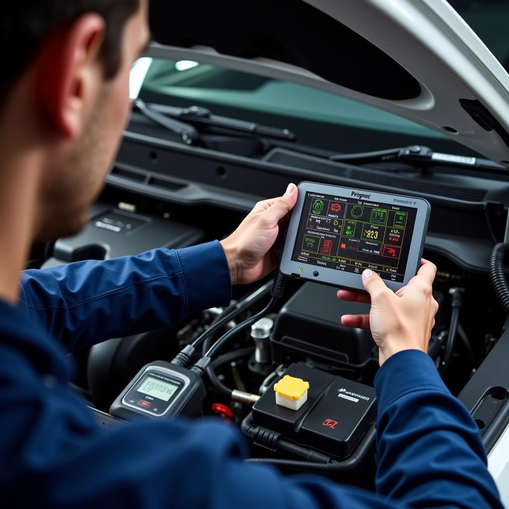 Technician using diagnostic equipment to analyze car engine performance at an AutoZone affiliated car service center