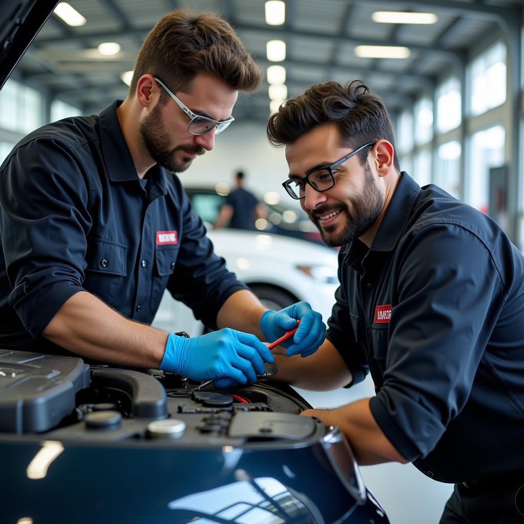 Certified Technicians Working on a Car