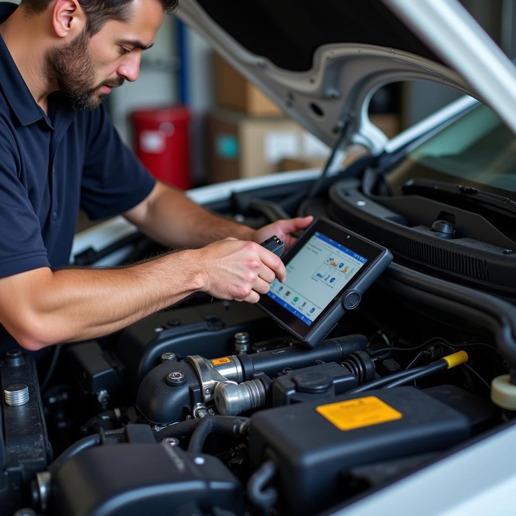 Mechanic using diagnostic tools on a car