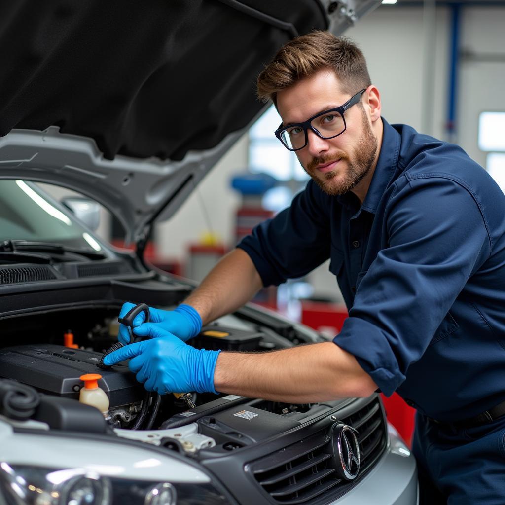 Technician performing car AC service