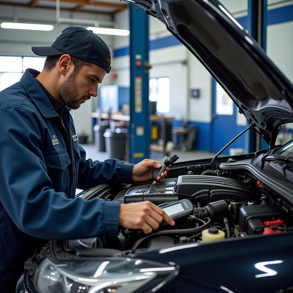 Mechanic Inspecting a Car in a Well-Equipped Garage