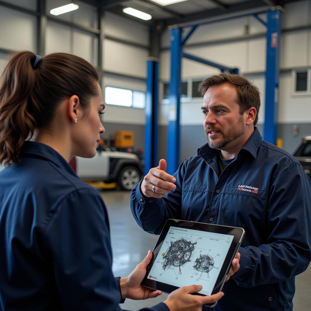 Customer interacting with a mechanic at a Bilney Garage Car Service