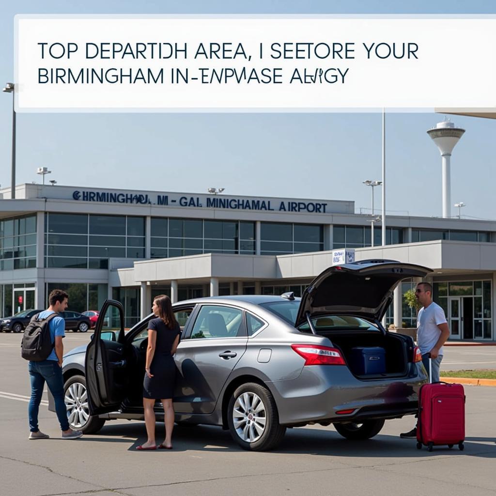 Car service dropping off passengers at Birmingham International Airport departure terminal.