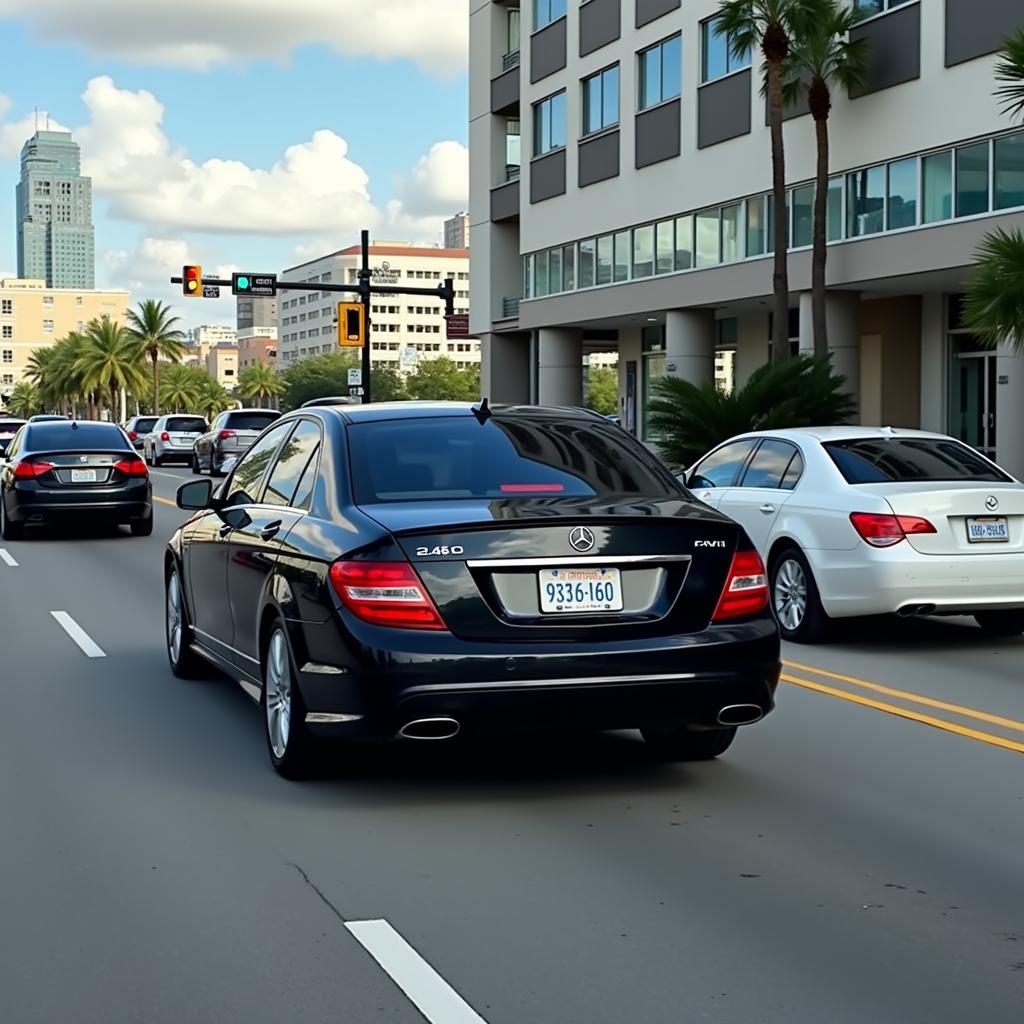 Black Car Service Navigating a Busy Street