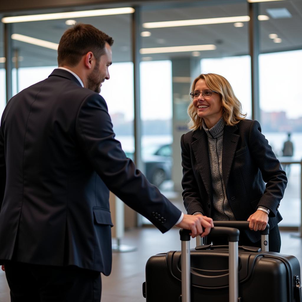 Blacklane chauffeur helps passenger with luggage at Boston Logan Airport