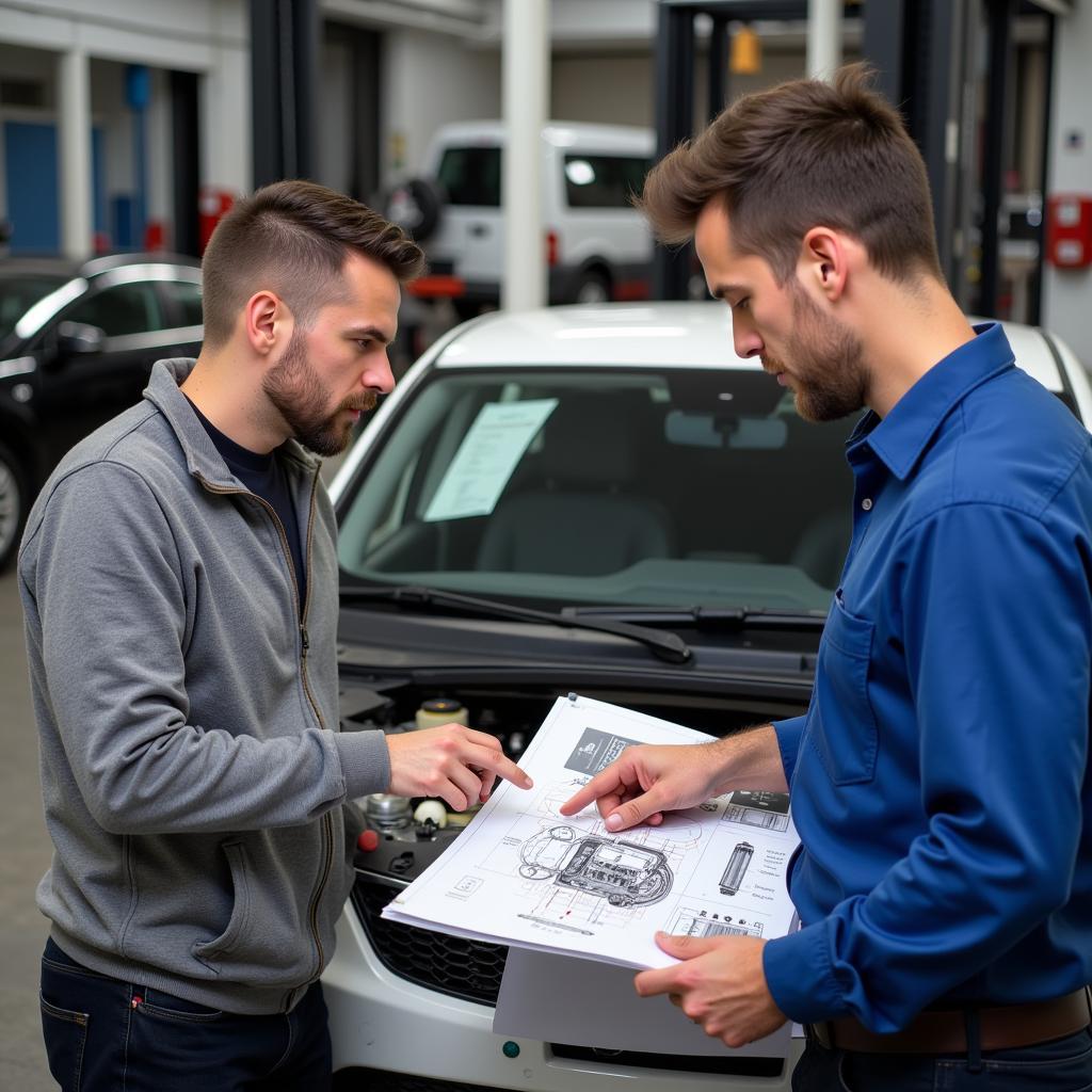 Customer Discussing Car Issues with a Mechanic in a Blue and White Service Center