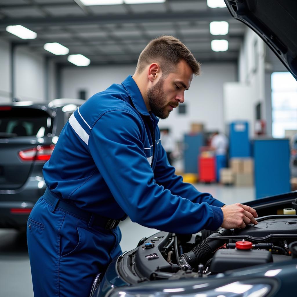 Mechanic Working on a Car Engine in a Blue and White Car Service Bay