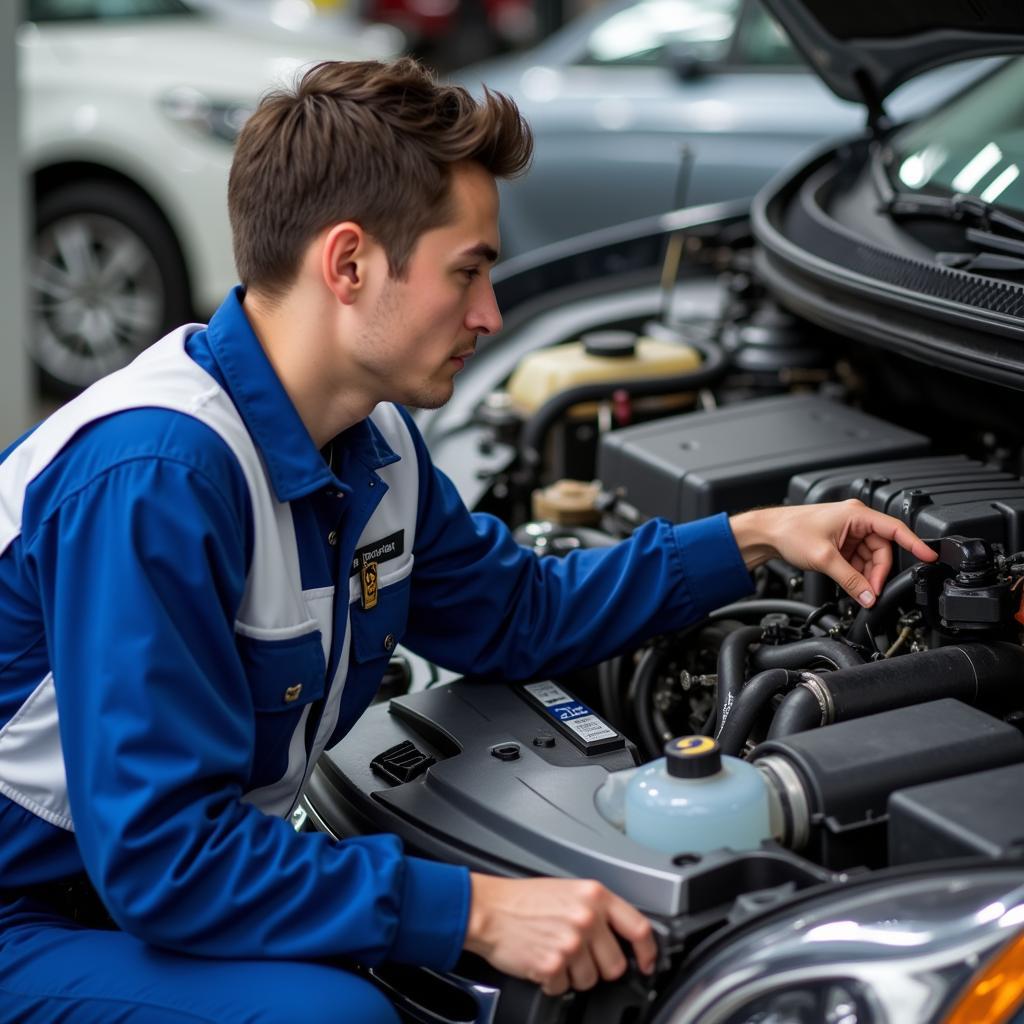 Technician Performing Routine Maintenance on a Car in a Blue and White Service Bay