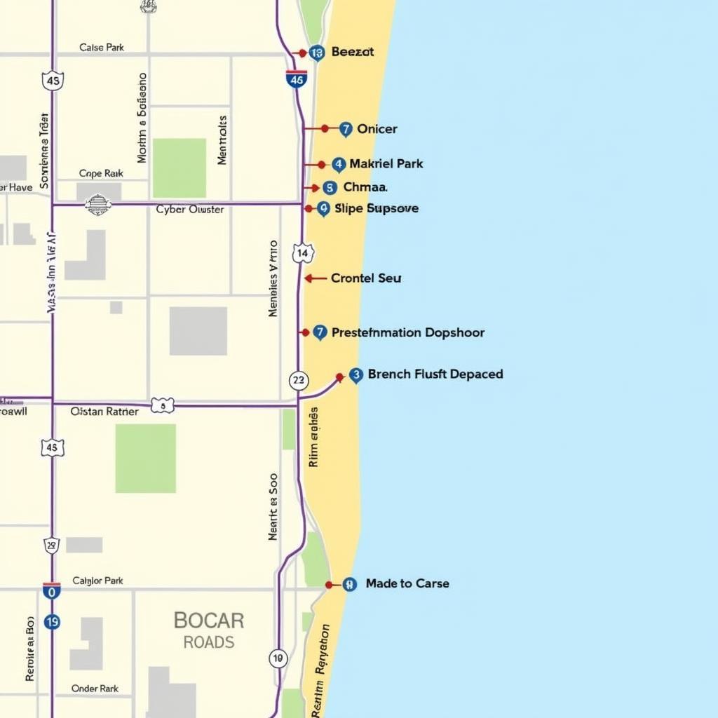 Driving map of Boca Raton highlighting key destinations.