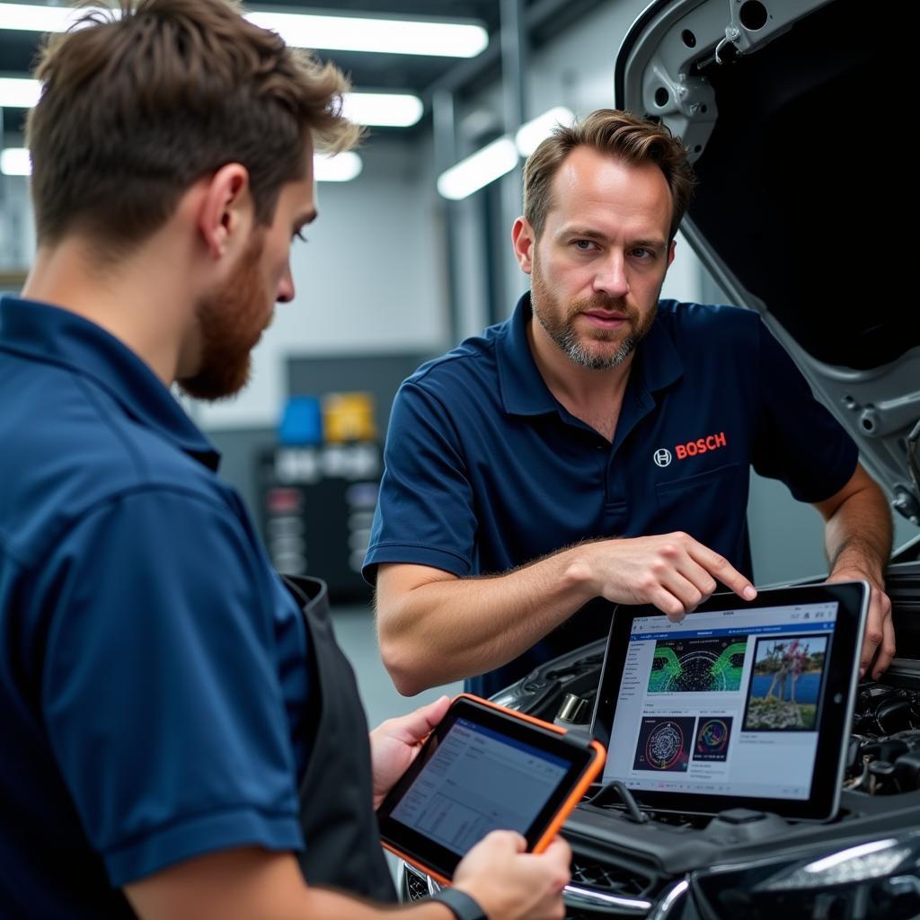 Bosch Car Service Mechanic Explaining Repairs to a Customer