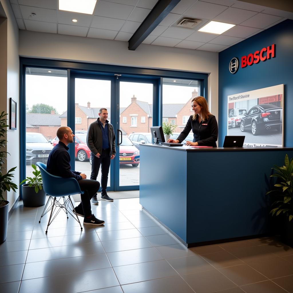 Welcoming reception area of a Bosch Car Service in Bromsgrove.