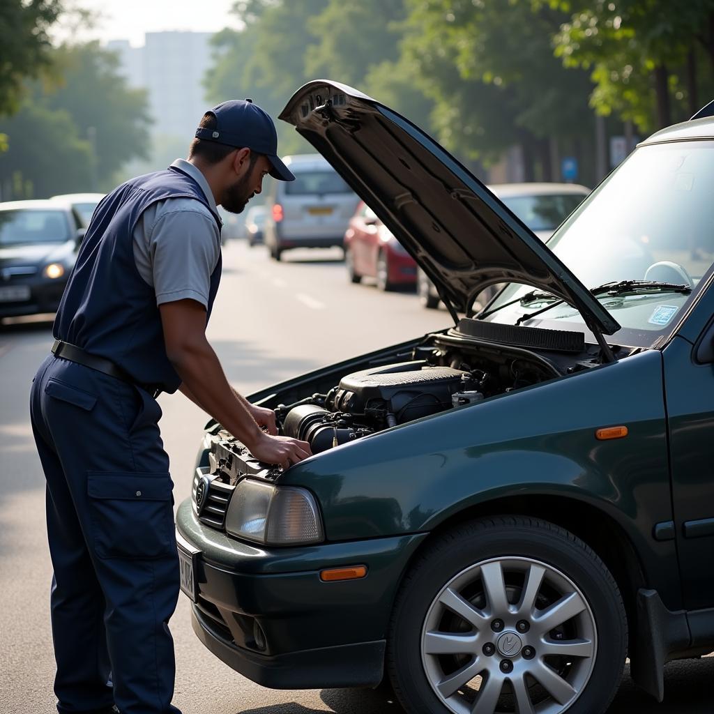 A car service technician assisting a stranded motorist in Chennai