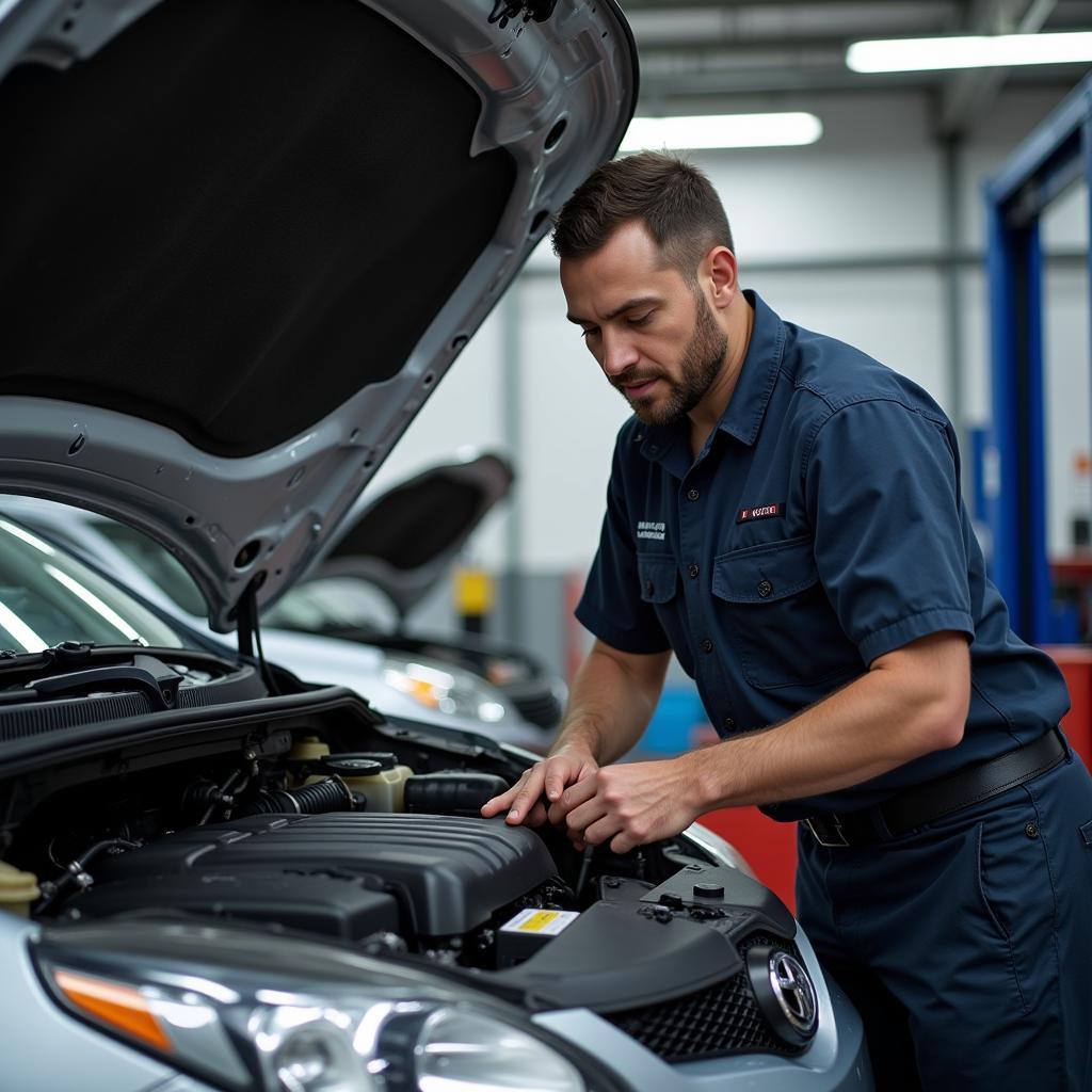 Mechanic working on a car engine in a Brentwood car service centre