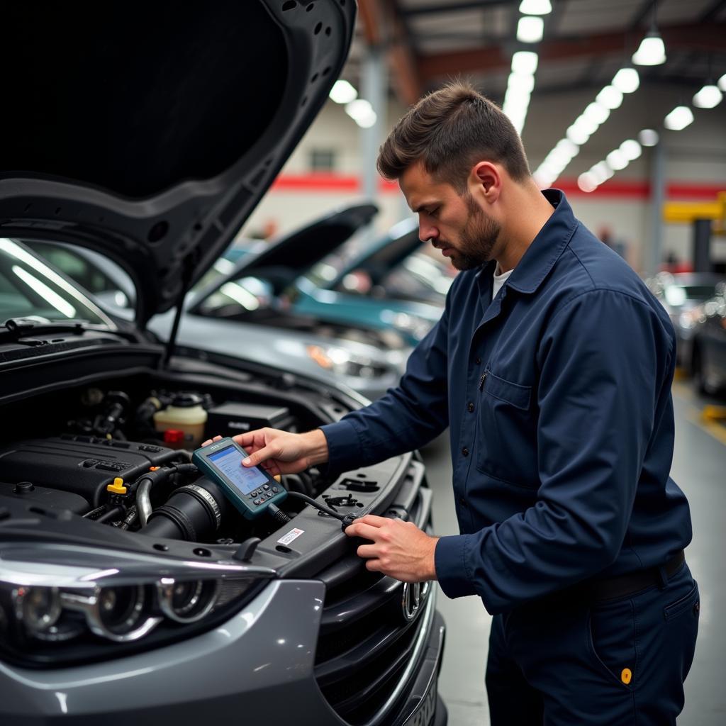 Mechanic Using Diagnostic Tool on a Car Engine