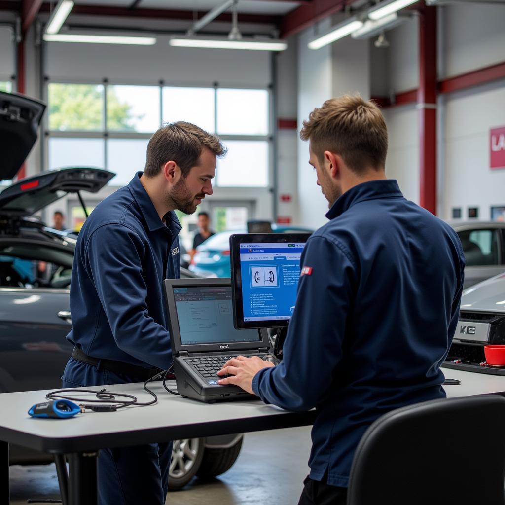 Inside a Bury Car Service Centre: Technicians performing diagnostics and repairs.