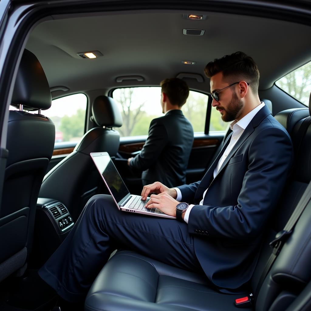 Business Traveler Working in Chauffeured Car