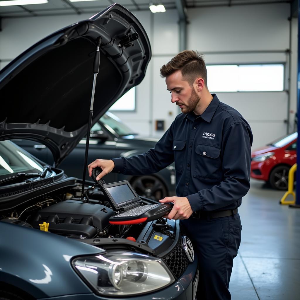 Mechanic inspecting a car in a Campbelltown service center