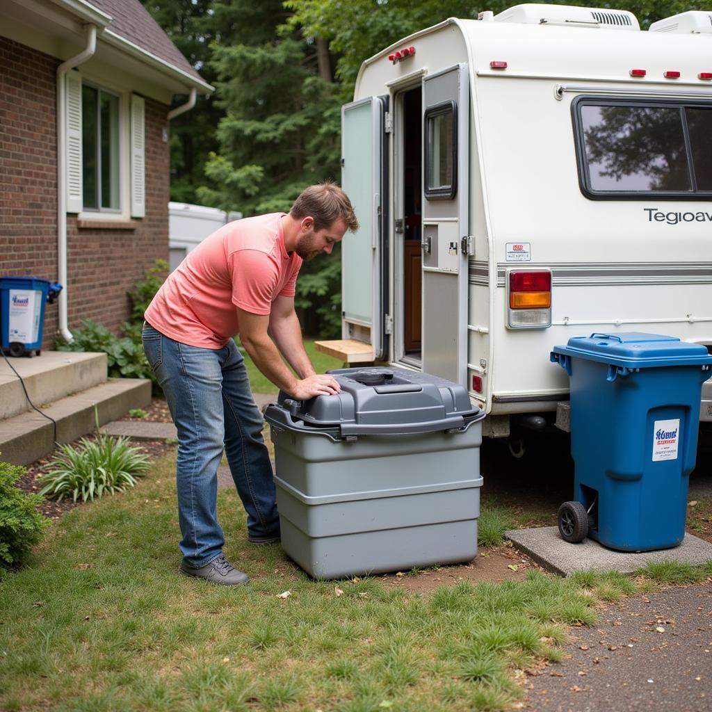 Camper emptying the waste water tank at a designated disposal point.