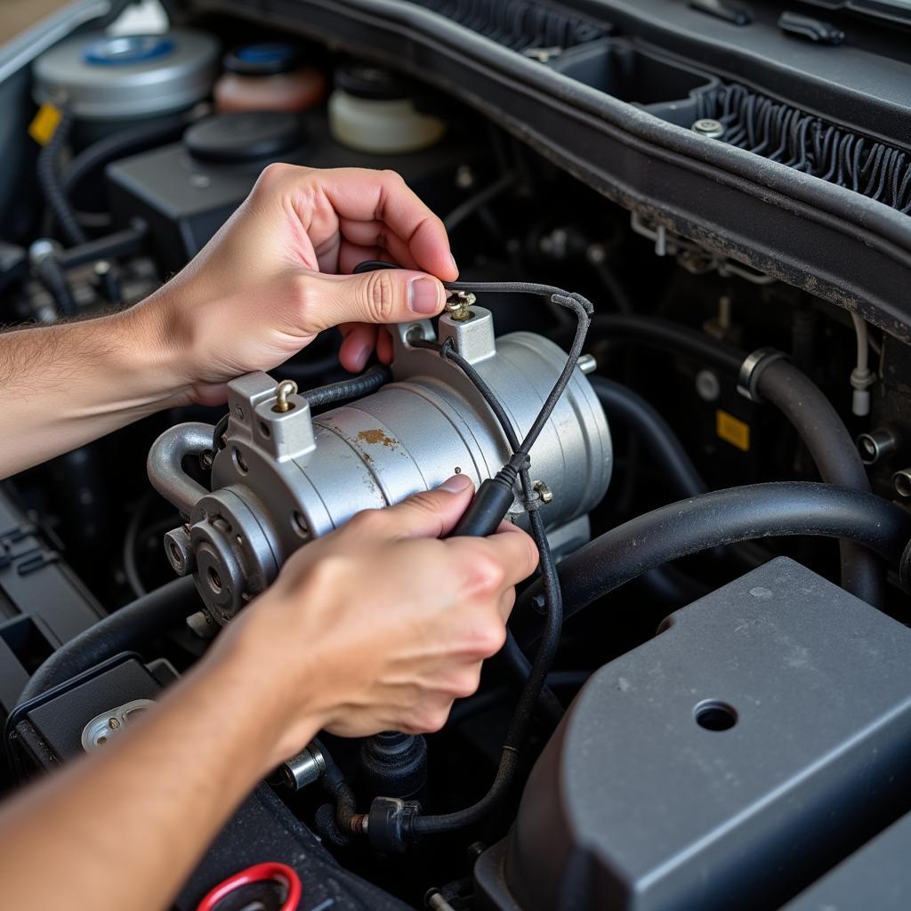 Mechanic Replacing Car AC Compressor