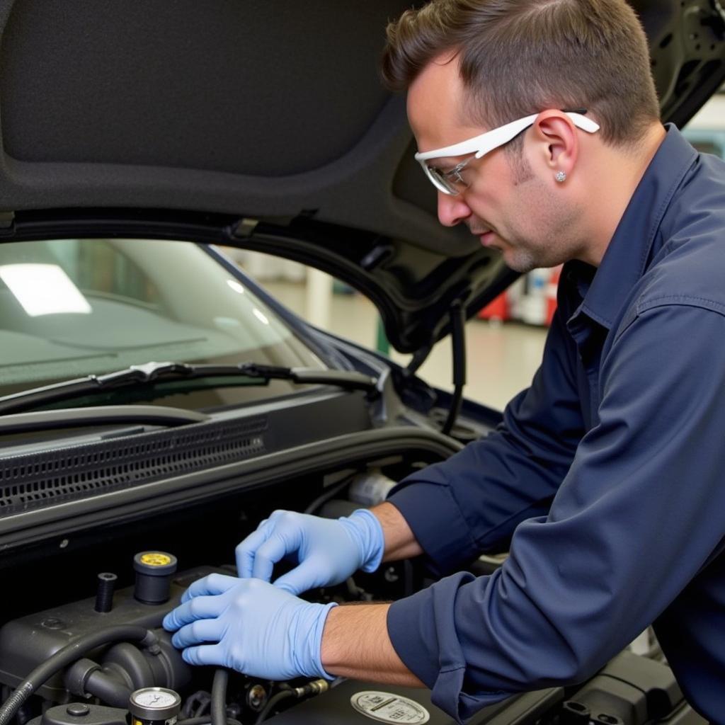 Car AC Recharge Process: Technician Working on the System