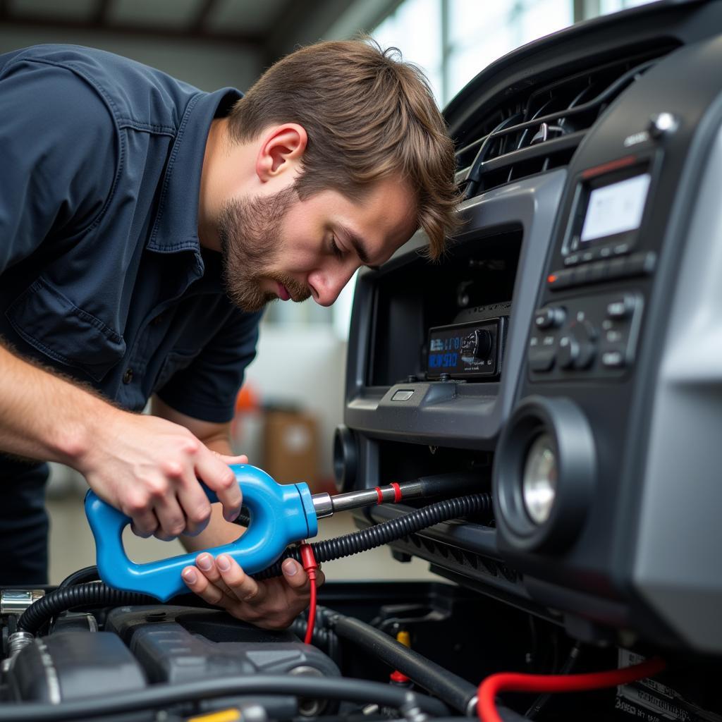 Car AC Repair Technician Working on a Vehicle's Air Conditioning System