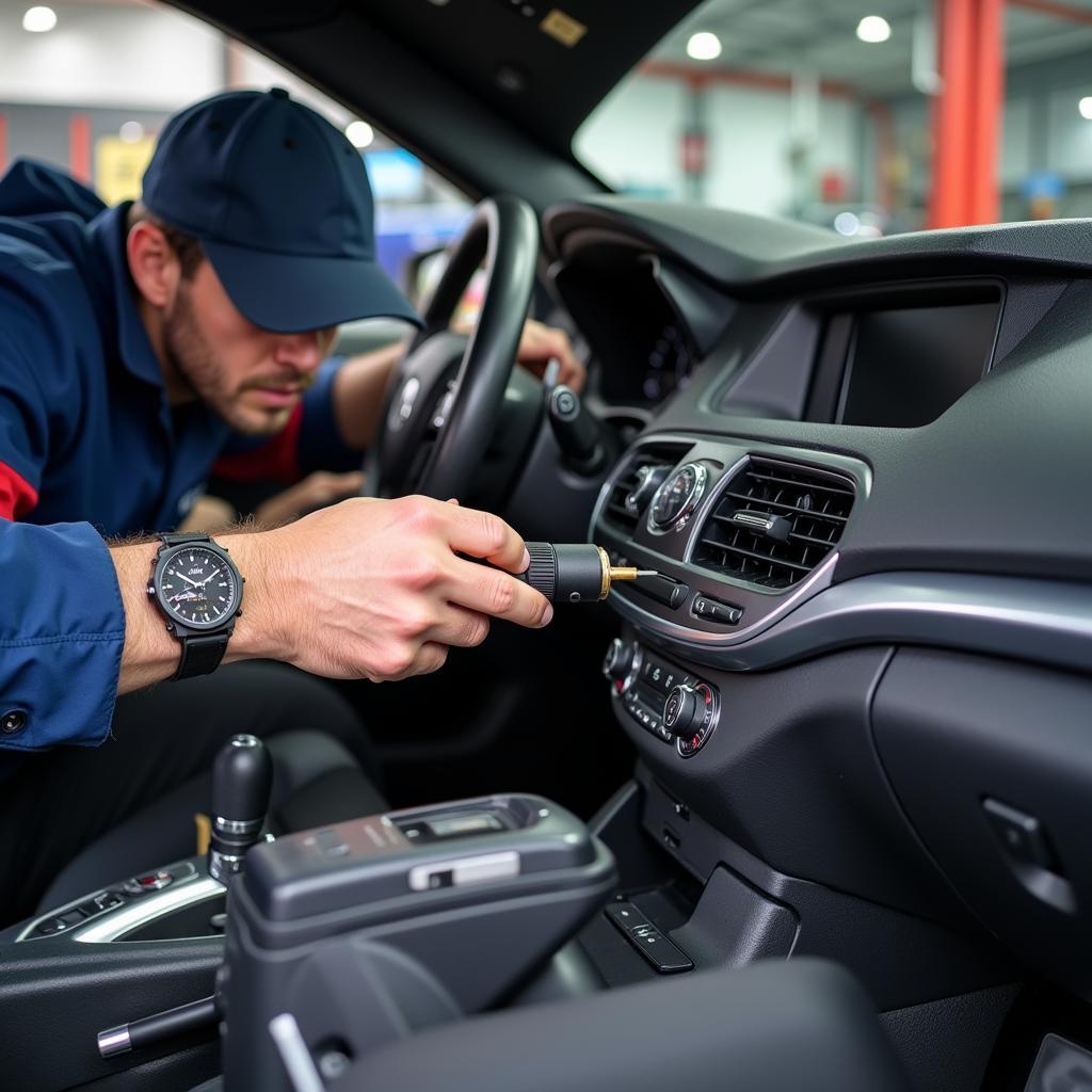 Car AC Repair Technician Working on Vehicle AC System