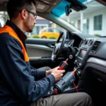 Car AC Service Technician Checking Refrigerant