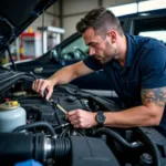 Car A/C Service Technician Performing Maintenance