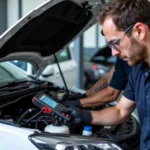 Car AC Service Technician Checking Refrigerant Levels