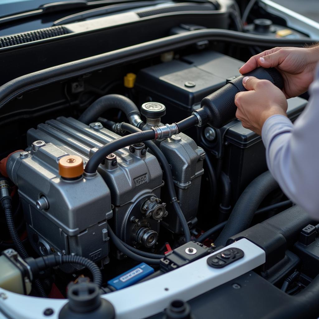 Detailed View of Car AC System Components Being Inspected in Dubai