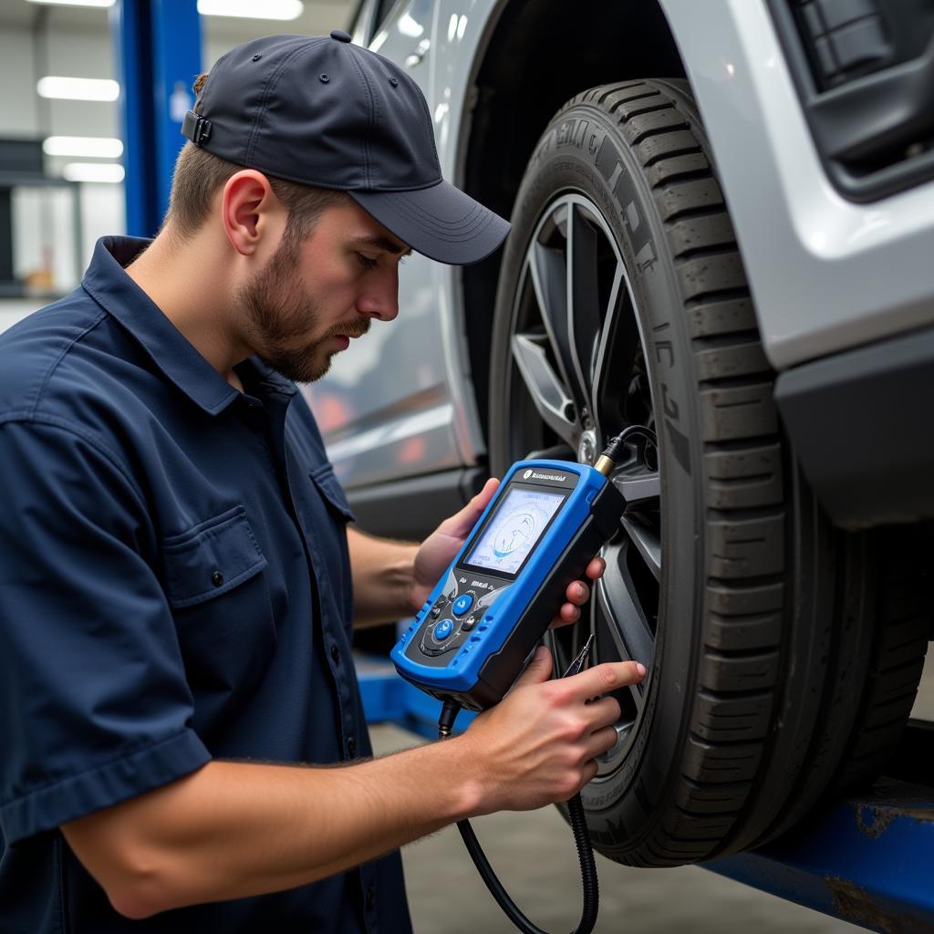 A qualified technician performing a car air con service in a Norwich garage.