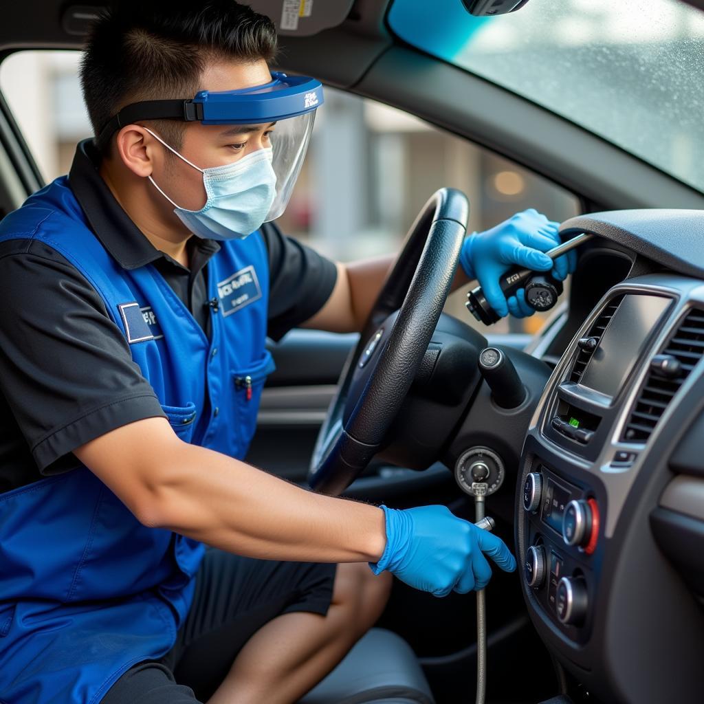 Technician Performing Car AC Cleaning Service in Cavite