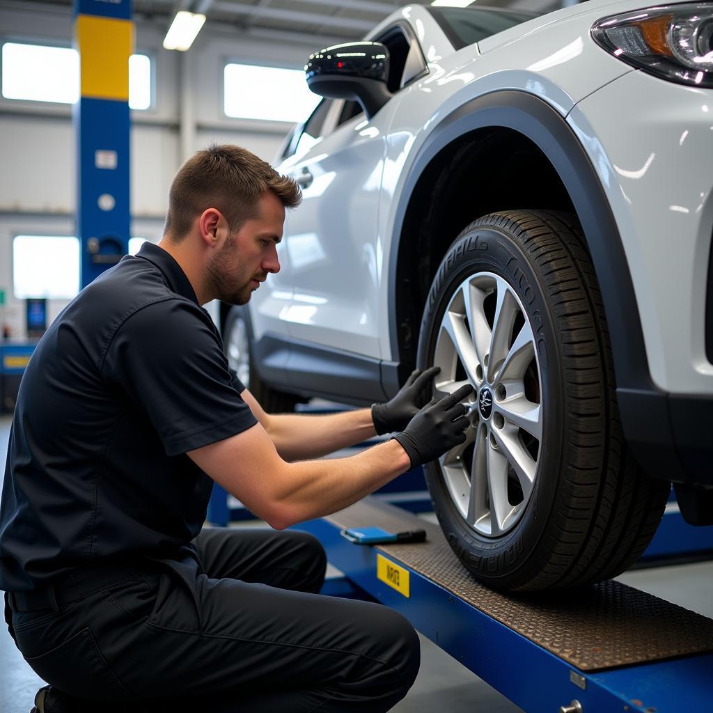 Car alignment service being performed at a Halfords Autocentre