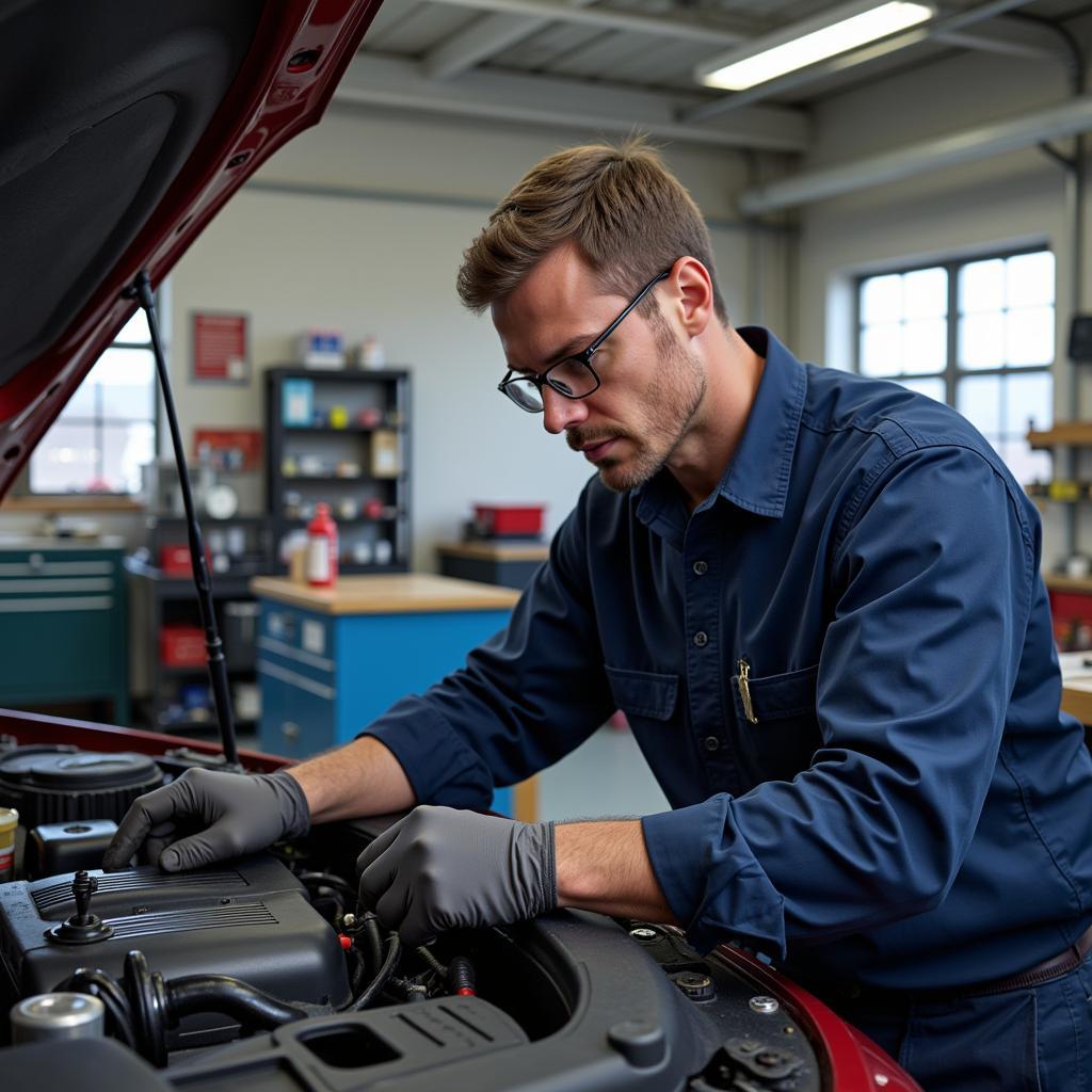 Mechanic diligently working on a car engine in a Hyannis, MA auto repair shop