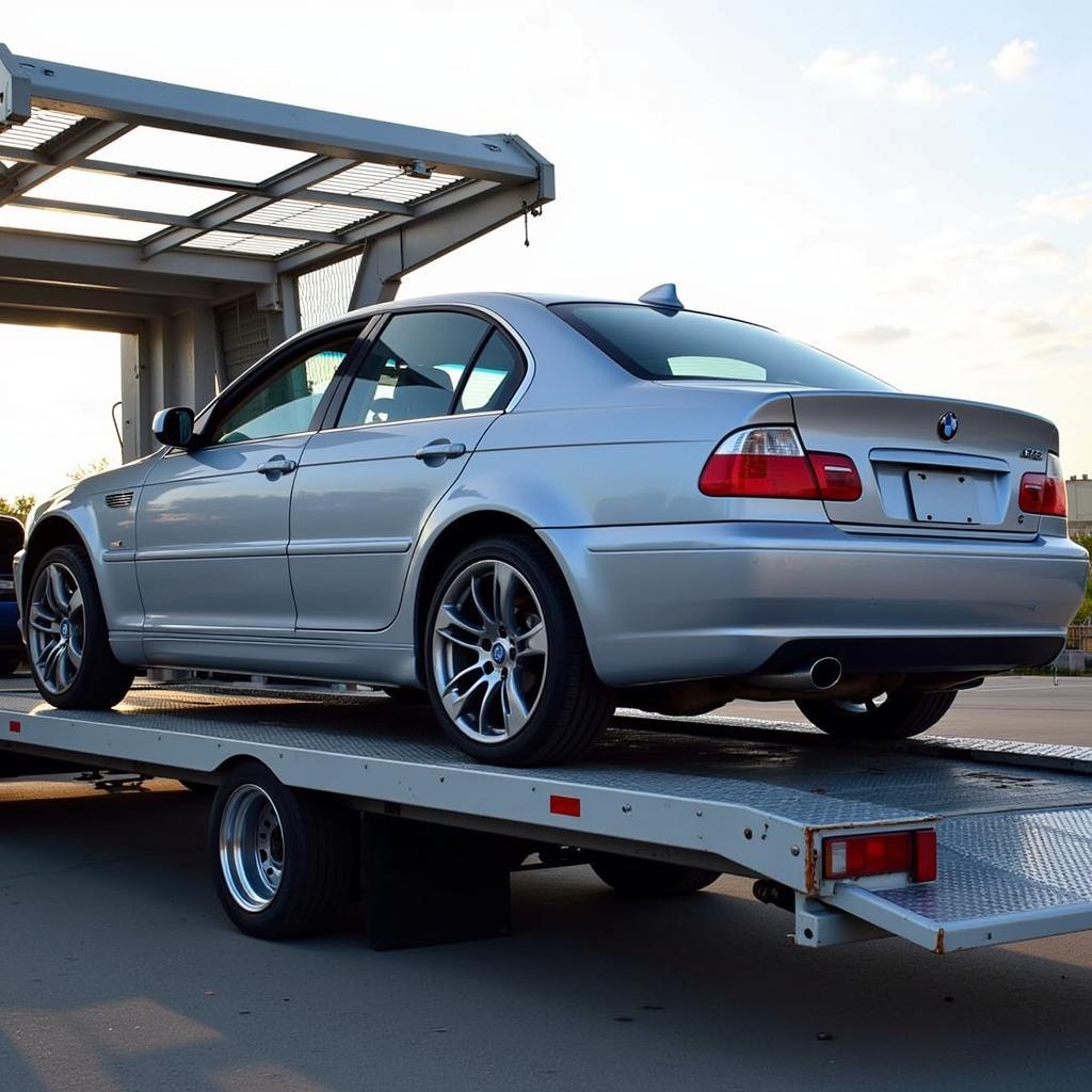 Car being loaded onto a transport truck for delivery to Florida