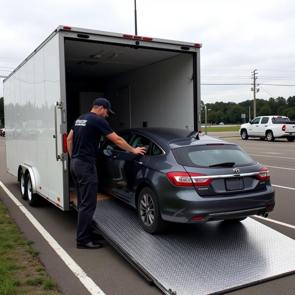 Car Being Unloaded from Relay Trailer