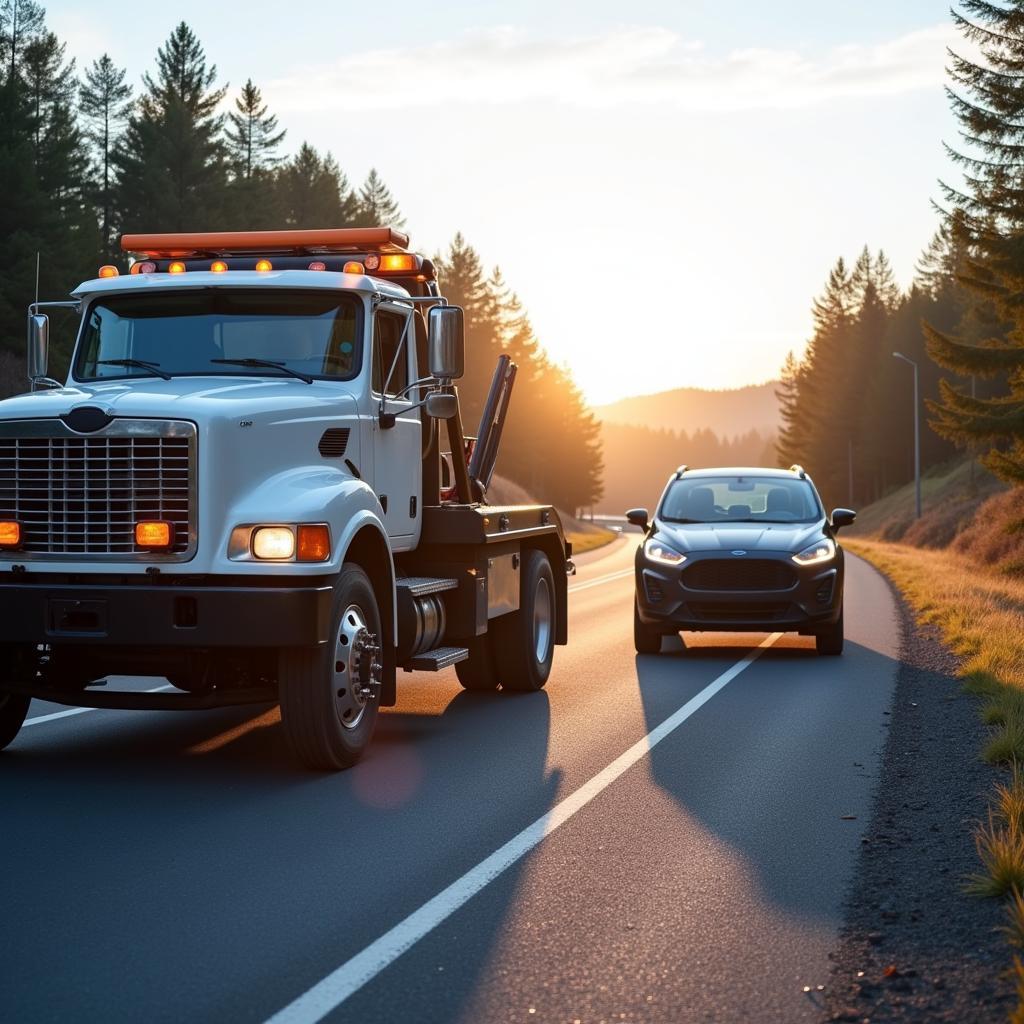 Car Breakdown Roadside Assistance - Tow Truck Assisting Stranded Car