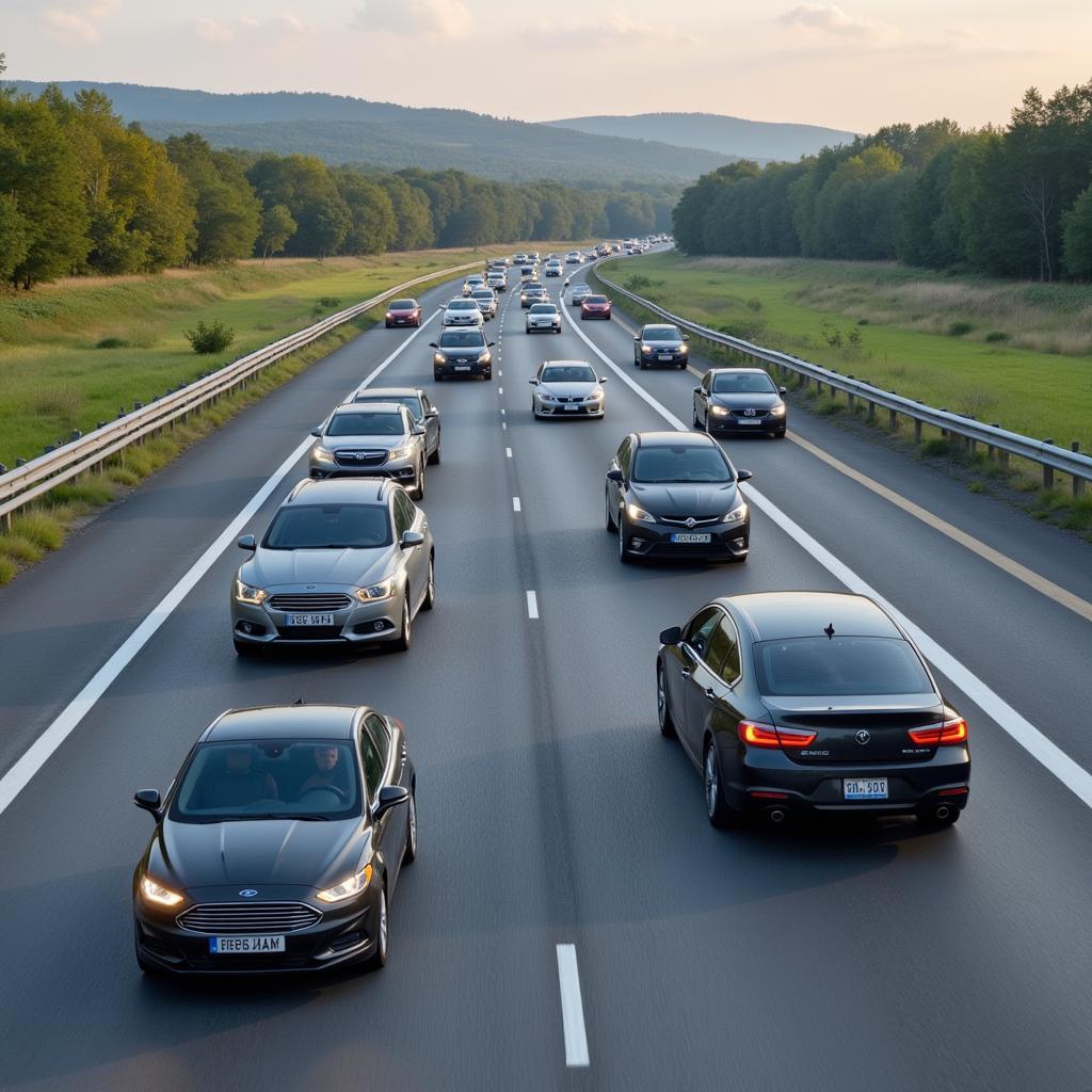 Caravan of cars traveling safely on a highway