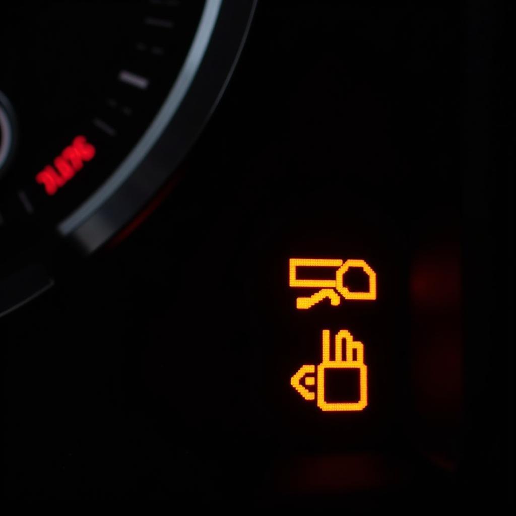 Illuminated warning lights on a car's dashboard.